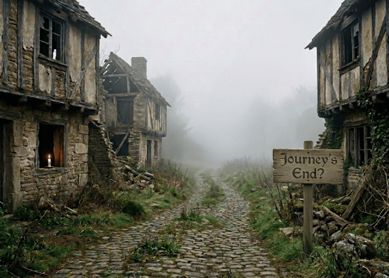 Misty cobblestone path through abandoned cottages with a “JOURNEY’S END?” sign